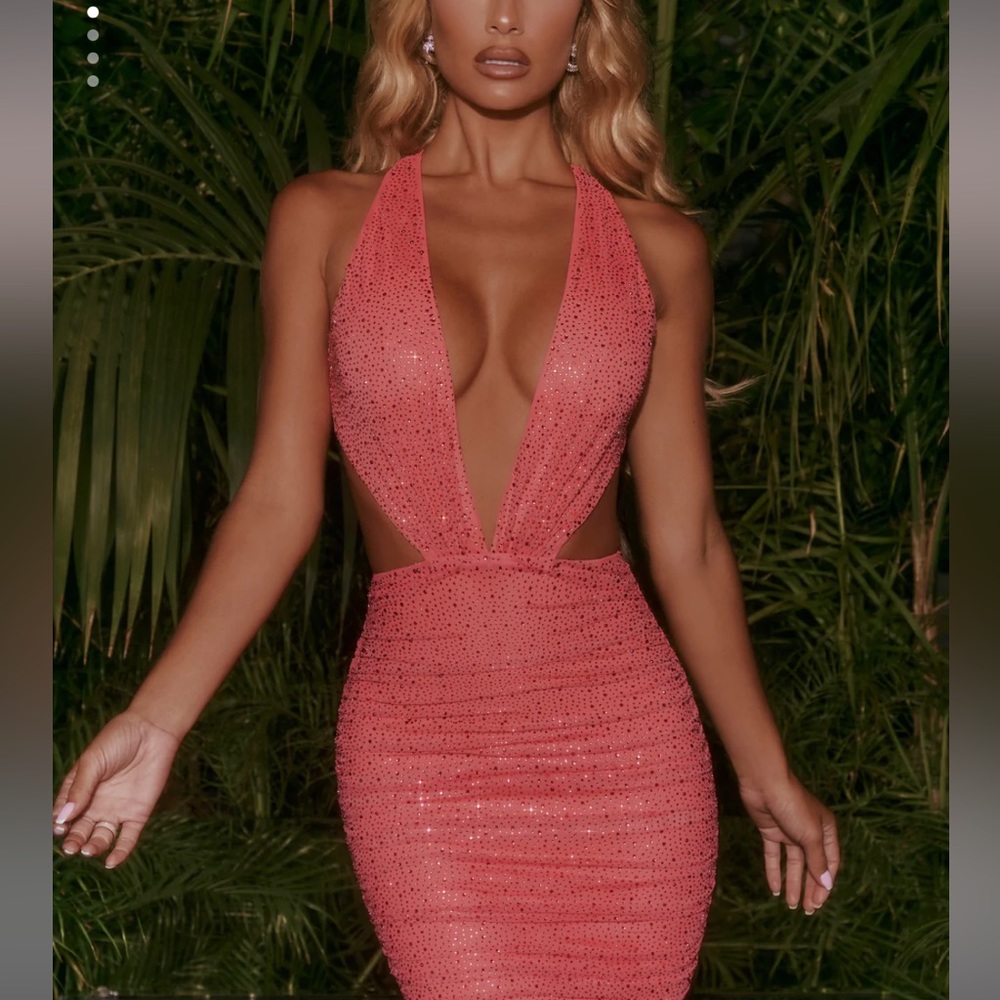Oh Polly Embellished Plunge Neck Mini Dress in Coral